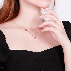 Detail of rose gold stainless steel good luck coin necklace on female neck