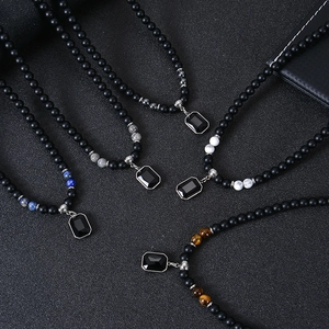 Men's vintage stainless steel beaded necklace with black stone rectangular pendant
