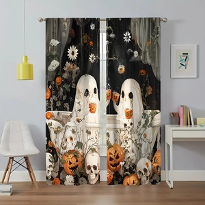 Detail of Halloween curtains featuring festive ghosts, pumpkins, and skulls on polyester