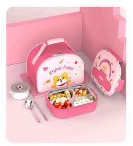 Pink cartoon lunch box set with SUS316 stainless steel divided tray and insulated bag