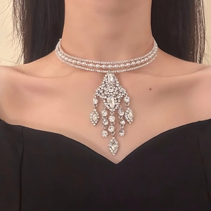 Multi Layer Choker Necklace Alloy Rhinestone Imitation Artificial Pearl Tassel Pendant Silver Tone Elegant Party Jewelry For Women