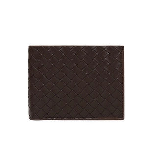 Men's dark brown woven leather bifold wallet with premium Intrecciato pattern finish