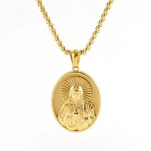 3D embossed Jesus pendant necklace in 18k gold plated stainless steel on white background