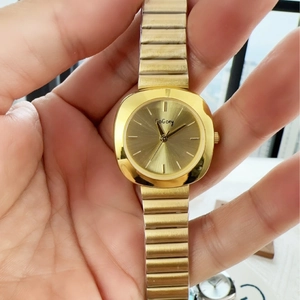 Minimalist square gold quartz watch with flexible metal link strap for women