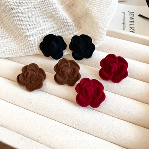 Elegant camellia flower studs in black, coffee, and wine red velvet with silver needle