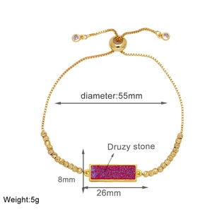 Detailed dimensions of 18k gold plated bracelet with red Druzy stone and sliding clasp