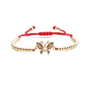 Handmade red cord bracelet with butterfly pendant and colorful zircon beads