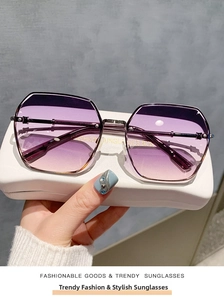 Detail of rimless purple gradient sunglasses with a stylish polygon geometric metal frame