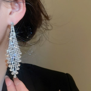 Makroaufnahme von silbernen Quastenohrringen mit glitzernden Strasssteinen am Model