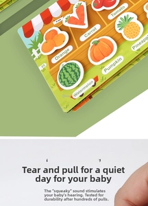 Macro shot of durable Velcro stickers showing fruits and vegetables in a quiet book