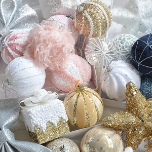 Luxurious gold pink and blue Christmas ball ornaments with glitter and pearl details
