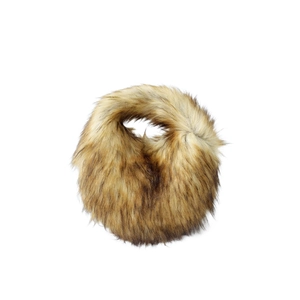 Detailed texture of brown faux fur handbag with circular integrated metal handles