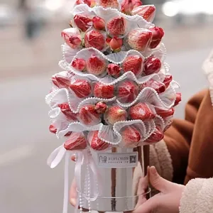 Mini round tower flower box with red roses and strawberries in silver bucket