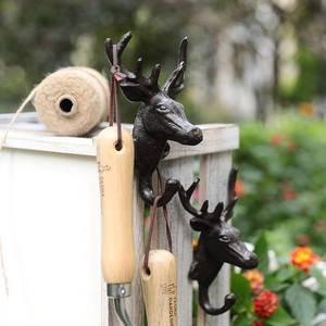 Rustic vintage cast iron deer head wall hook for home decor and garden organization