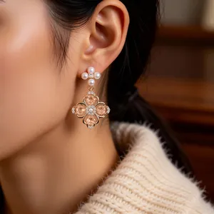 Elegant rose gold flower earrings with white pearls and amber clover pendants for women