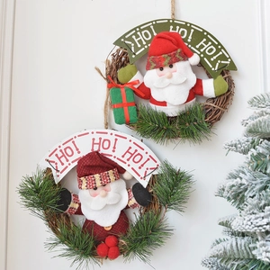 Christmas Santa Claus Wreath Rattan Vine Pine Needles Door Hanging Festive Holiday Wall Ornament With Ho Ho Ho Sign