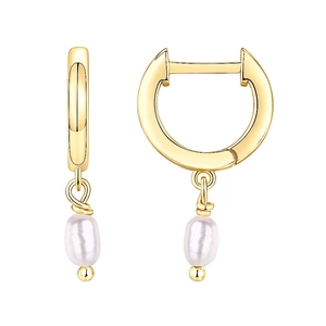Close-up of golden hoop earrings featuring elegant white pearls on a clean white background