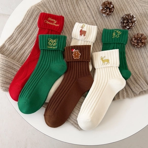 Chaussettes De Noël Mi-Mollet Coton Tricot Broderie Renne Arbre Motif Dessin Animé Vacances Hiver Chaud