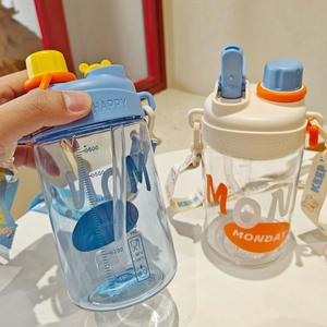 Detail view of 650ml plastic straw cups with scales and adjustable shoulder straps