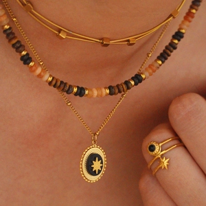 Layered gold necklaces with black onyx pendant and star charms for women's jewelry set