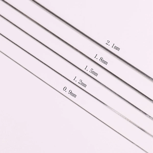 Detail showing five different widths of silver snake bone chains from 0.9mm to 2.1mm size