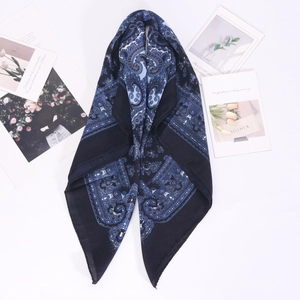 Vintage paisley pattern square scarf in navy and black cotton-linen blend for women
