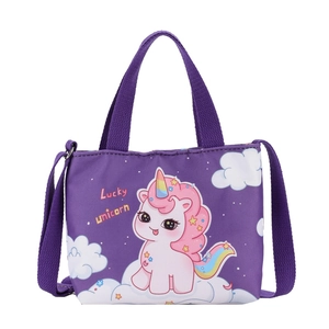 Purple unicorn messenger bag with Lucky Unicorn print and adjustable shoulder strap