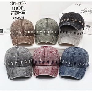 Detailed set of six distressed washed cotton baseball caps with 3D letter embroidery