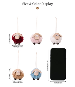 Size and color display of five handmade felt lamb Christmas ornaments with phone reference