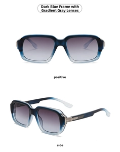 Detail view of square pilot sunglasses in gradient deep blue with grey faded lenses