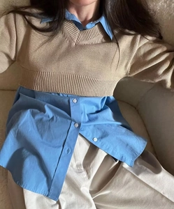Detailed layered look of beige V-neck ribbed knit sweater over a blue button-down shirt