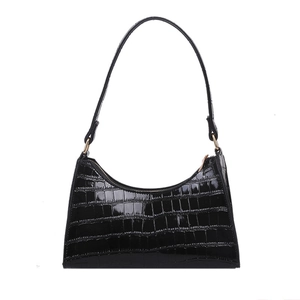 Classic black crocodile pattern baguette shoulder bag with shiny finish and gold hardware