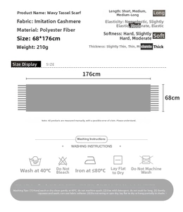 Size chart for wave pattern scarf showing dimensions 68x176cm and polyester material info