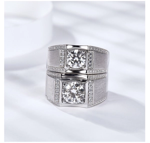 Macro detail of S925 silver men's ring showing wide band with round moissanite stones