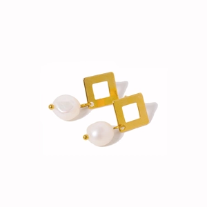 Elegant gold square stud earrings with natural baroque pearl drops on a white background