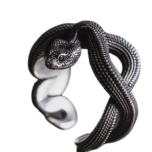 Vintage punk style python snake wrap open ring in antique silver finish on white background
