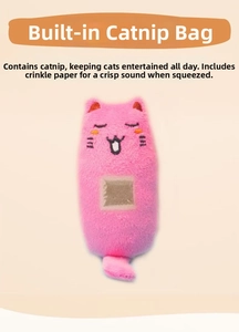 Close-up of pink plush cat toy featuring crinkle paper and organic catnip interior