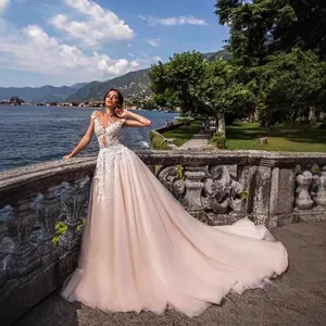 Robe de mariée élégante en dentelle blanche col V avec jupe en tulle couleur champagne