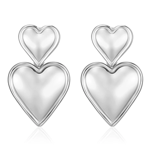 Sleek double silver heart drop earrings crafted in premium high-polished titanium steel