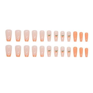 French tip press-on nails with orange heart and peach designs in medium-length square shape