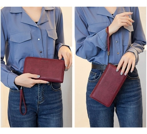 Burgundy PU leather long wallet with wrist strap held by model in dual perspective