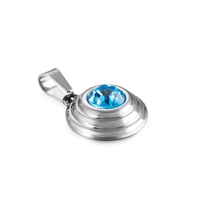 Surgical steel circular pendant with a multifaceted blue zircon center on white background