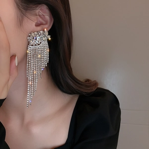 Close-up of sparkling long silver tassel earrings with rhinestones on female model
