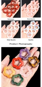 Macro view of carved 30mm hollow plum blossom natural crystal pendants in various gemstones