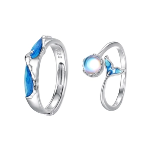 S925 sterling silver couple rings with blue enamel waves and moonstone mermaid tail design