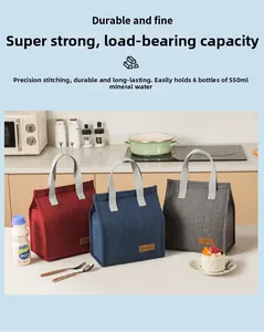 Three lunch bags in different colors showing reinforced handles and durable fabric texture