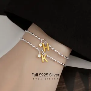 S925 Sterling Silver Bracelet For Women With Gold Initial Letter Pendant And Round Zircon Adjustable Bead Chain Trendy