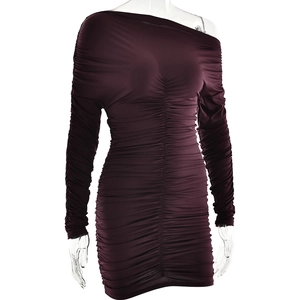 Detail view of wine red off-shoulder slim dress featuring elegant pleated texture
