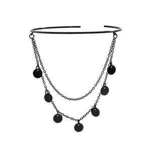 Macro shot of matte black gothic choker necklace with metal ring and layered chain tassels