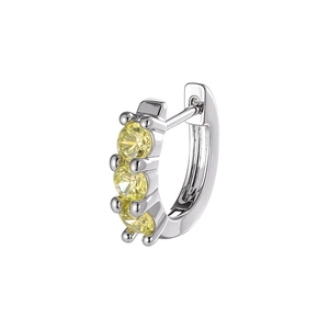 Silver hoop earrings with three sparkling yellow zircon stones and hinged closure